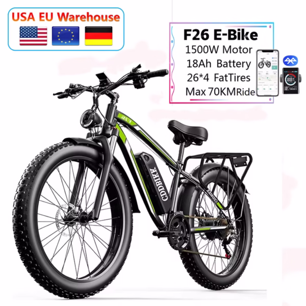 F26 off-road electric Bike hybrid 48V 1000W motor peak 1500W electric bicycle 18Ah large battery 26 inch Fat tires city E-Bike
