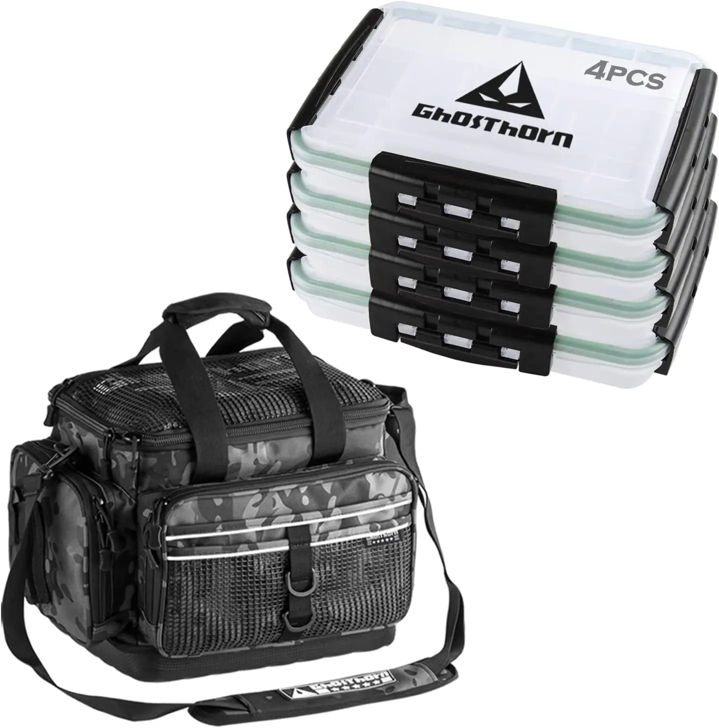 Camouflage Fishing Square Bag with 4 Tackle Boxes Ready for Adventure