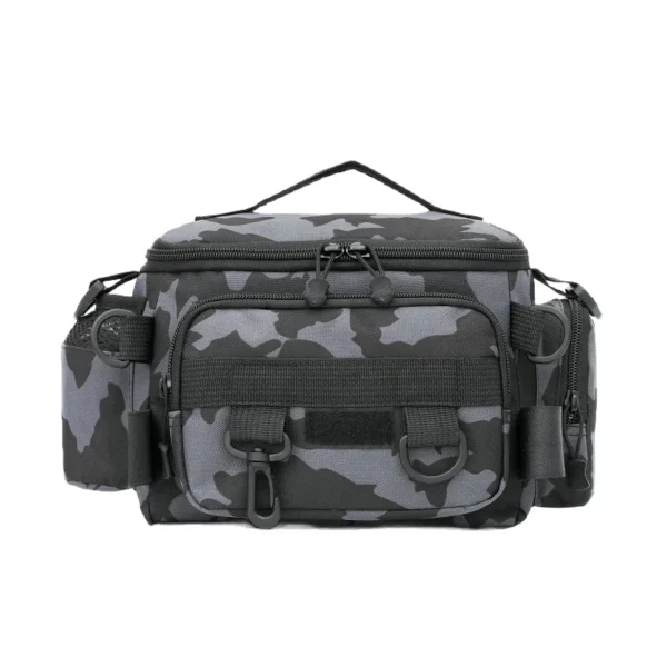 Versatile Black Fishing Tackle Bag with Rod Holder & Comfort Straps