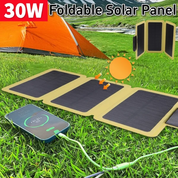 30W Foldable Solar Panel Type-C Portable Solar Panels IPX6 Waterproof Outdoor Solar Power Bank Mobile Power Battery Charger