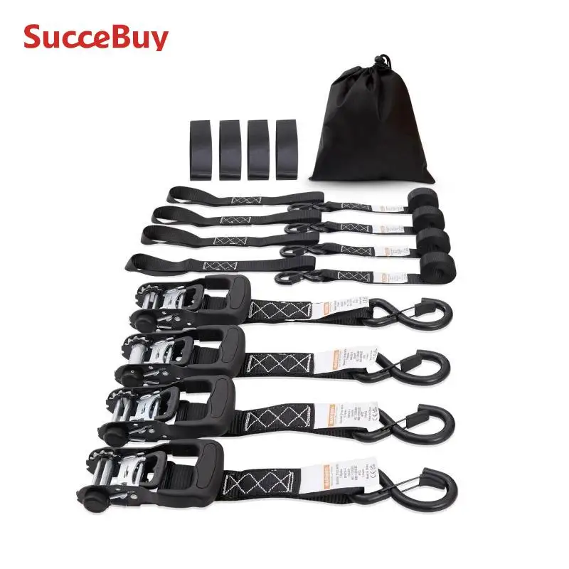 SucceBuy 4pcs Trailer Ratchet Tie Down Straps with Padded Handles Hook Brake Binding Belt for Moving Securing Cargo Motorcycle